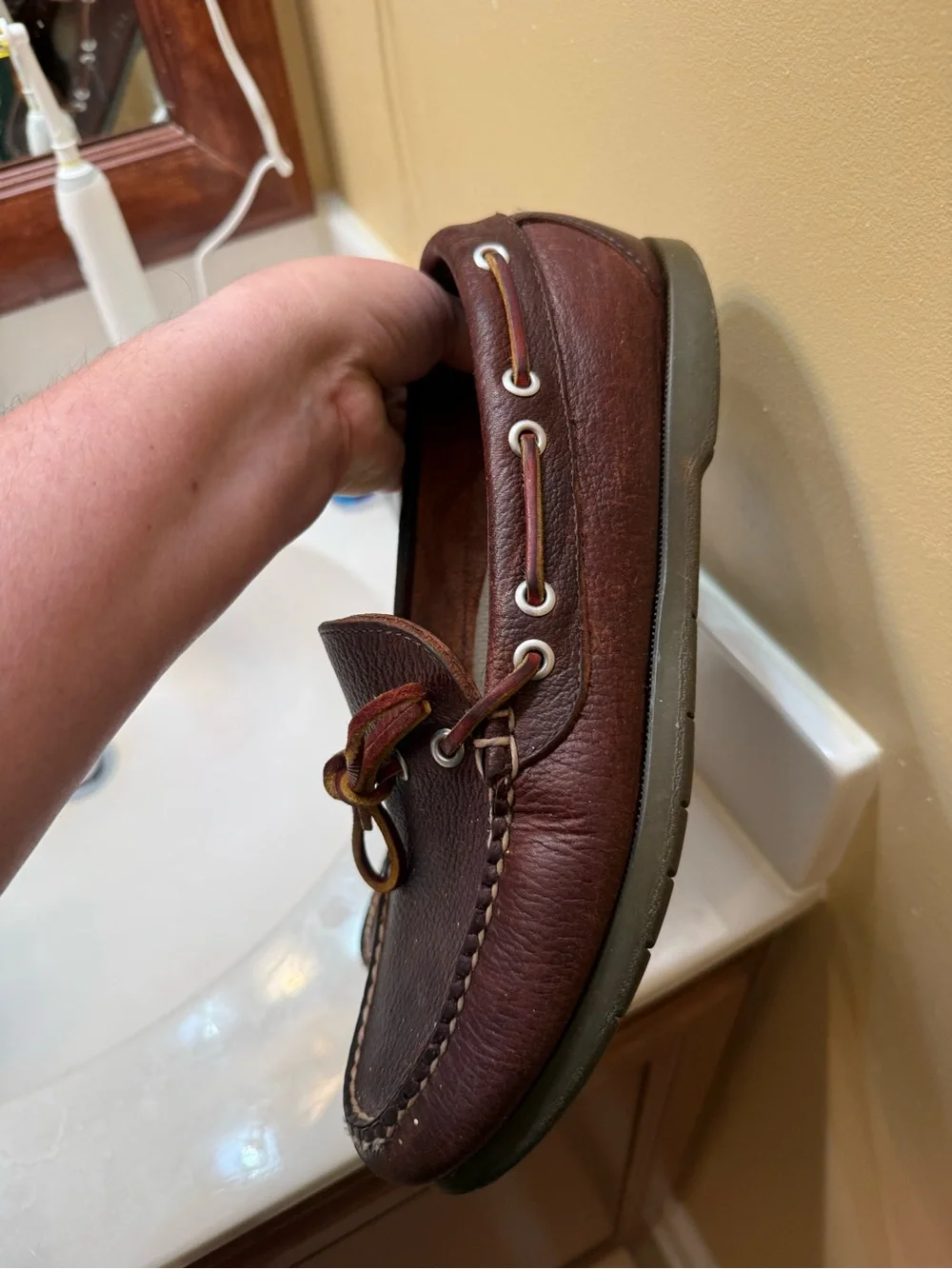 L.L. Bean Brown Leather Moccasin Boat Shoes with Red and Yellow Laces